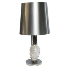 French Modernist Skull in Rock Crystal and Stainless Steel Lamp