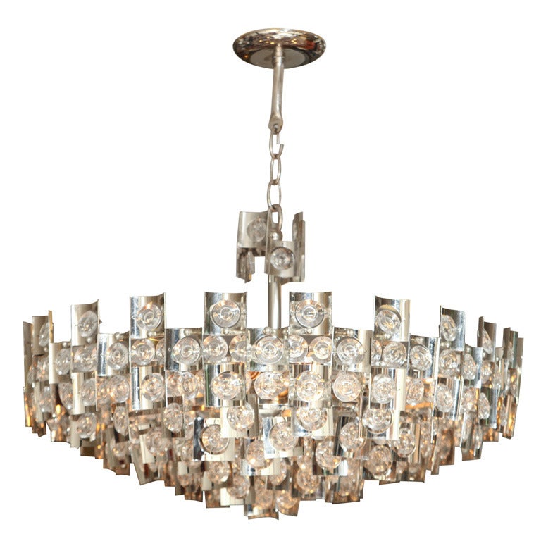 Rare Magnified Crystal and Chrome Sciolari Chandelier