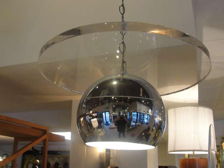 Modern Rare Thick Lucite Disc & Chrome Ball Hanging Light