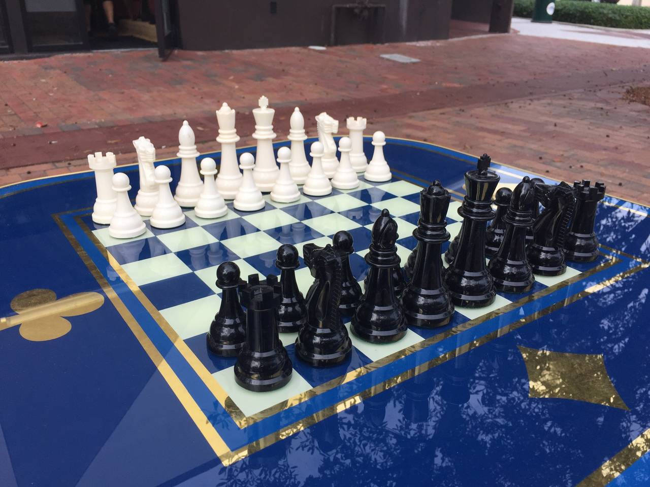 Exquisite Reverse Painted  Chess Table with all  Game Pieces