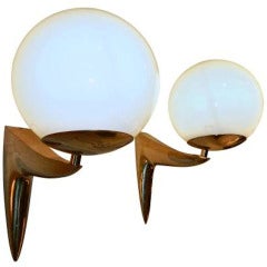 A Pair of Mid Century Gilt Brass Wall Sconces, Two Pairs Available
