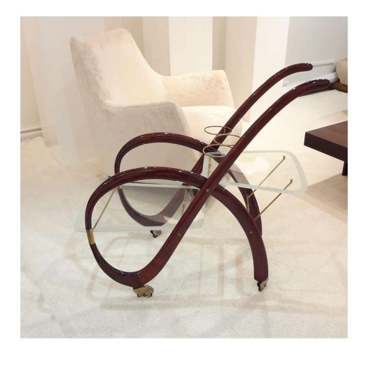 Italian Mid-Century Modernist Bar Cart in Mahogany and Glass For Sale