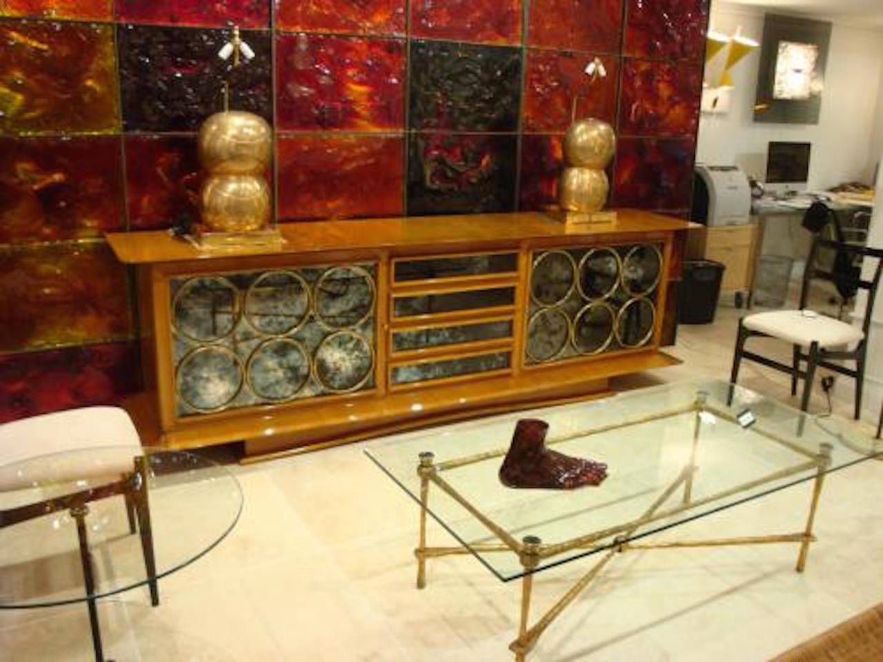 Mid-20th Century Jean Royere - Rare Sideboard in Lemonwood and Mirror