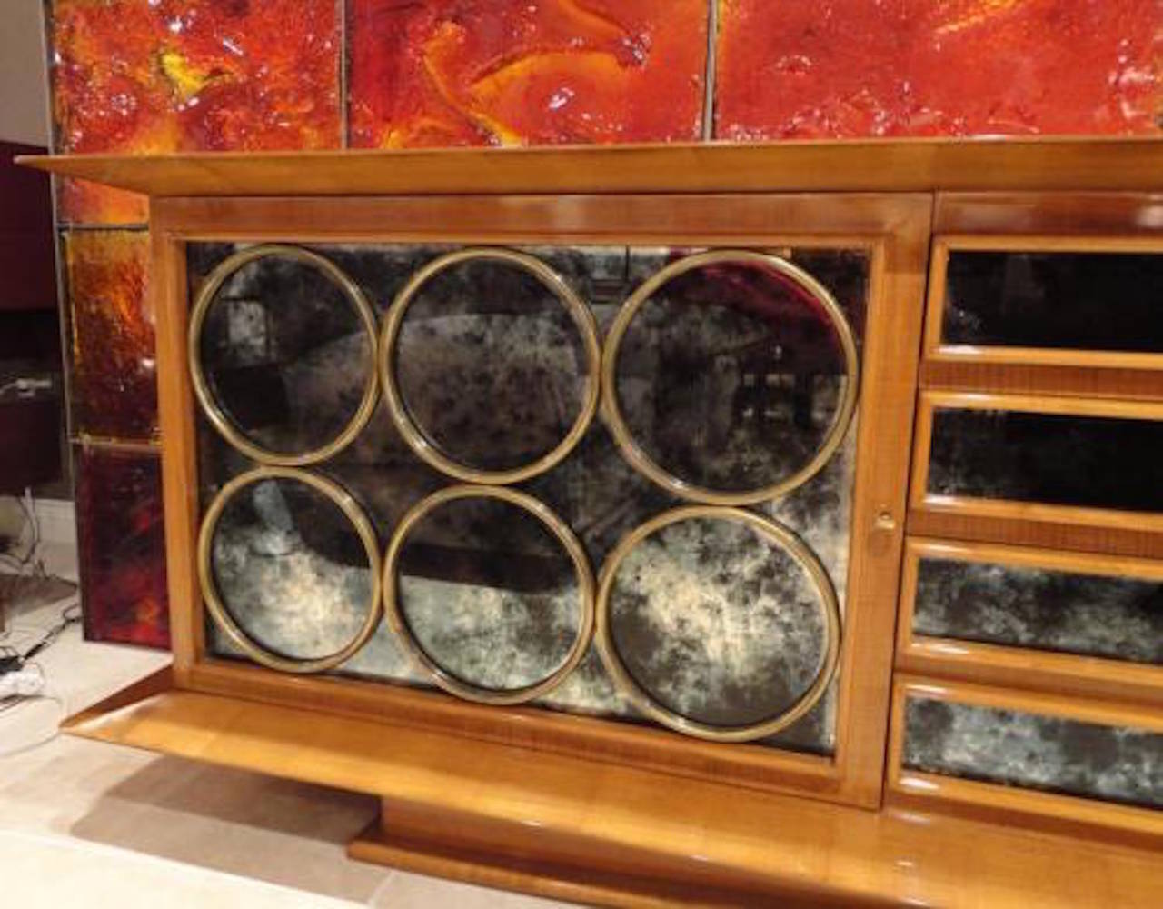 Jean Royere - Rare Sideboard in Lemonwood and Mirror In Excellent Condition In New York, NY