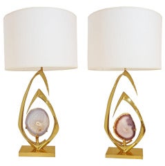 Pair of Table Lamps in Gilt Brass and Agate by Willy Daro