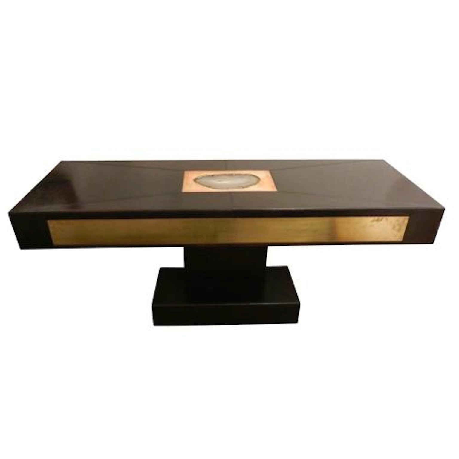 Modernist Console in Leather, Agate and Brass Attributed to Willy Daro For Sale