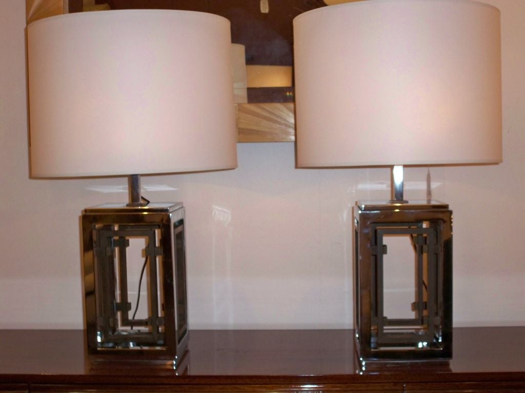 Mid-Century Modern Pair of Large Mid Century Table Lamps in Chrome and Brass France circa 1970 For Sale
