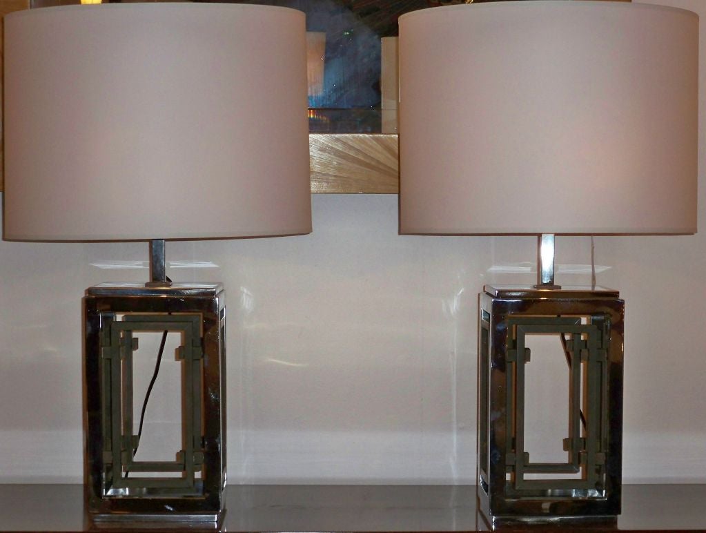 Pair of Large Mid Century Table Lamps in Chrome and Brass France circa 1970 In Excellent Condition For Sale In New York, NY