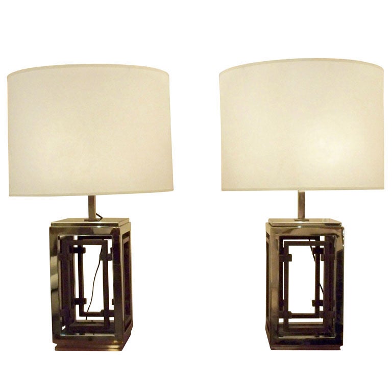 Pair of Large Mid Century Table Lamps in Chrome and Brass France circa 1970 For Sale