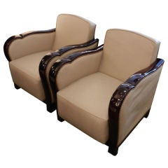 A Pair of Reclining Art Deco Club Chairs in Mahogany and Leather