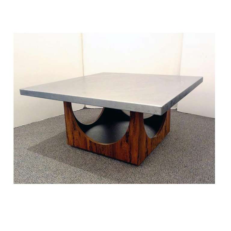 Modernist Cocktail Table in Etched Steel and Rosewood in the Style of Krekels