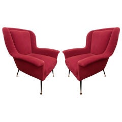 A Pair of Mid Century Club Chairs in Red Mohair Velvet