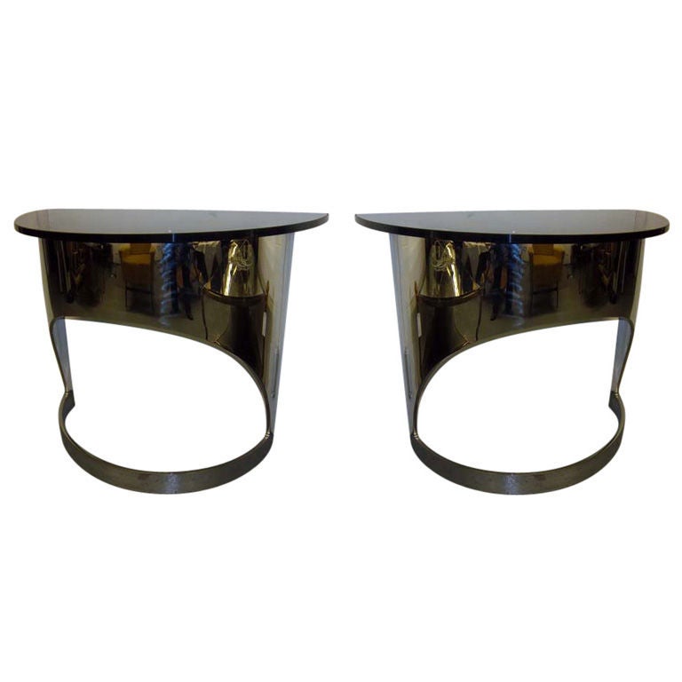 A Pair of Modernist Demi Lune Console Tables in Nickel and Glass