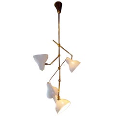 Four-Light Brass and Enameled Chandelier attributed to Gino Sarfatti