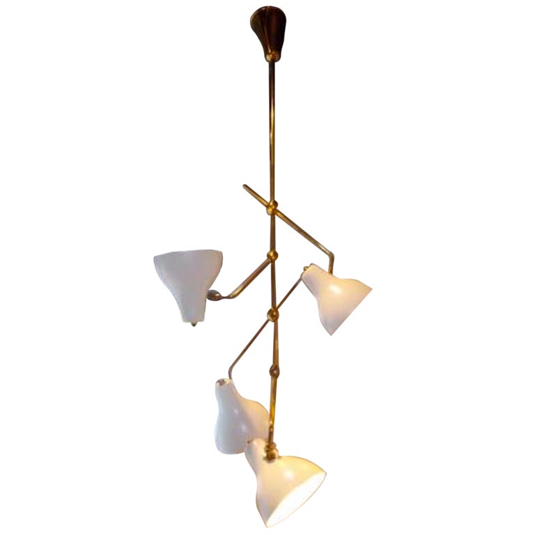 Four-Light Brass and Enameled Chandelier attributed to Gino Sarfatti For Sale