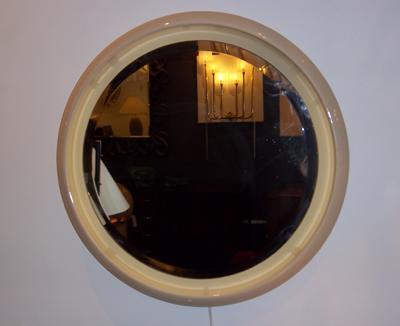 French Round Lit Wall Mirror in Glazed Ceramic, France, circa 1965 For Sale