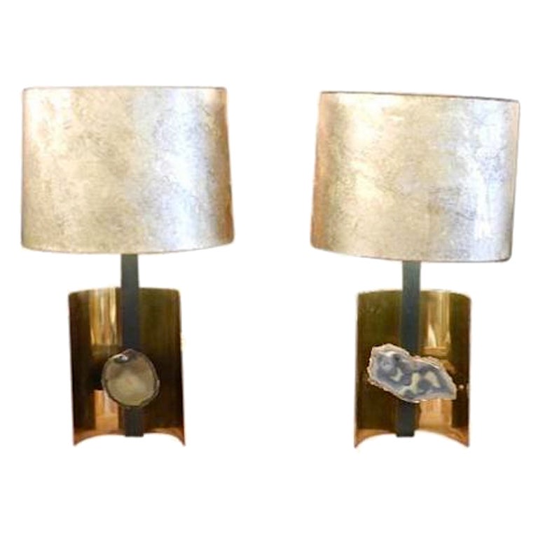 Pair of Table Lamps in Brass and Agate Attributed to Willy Daro For Sale