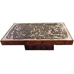 A Large Scaled Cocktail Table in Acid Etched Steel and Rosewood