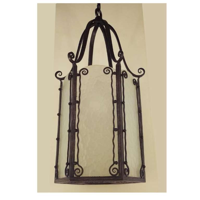 Dutch Art Deco Wrought Iron and Textured Glass Lantern in the Style of Piet Kramer For Sale