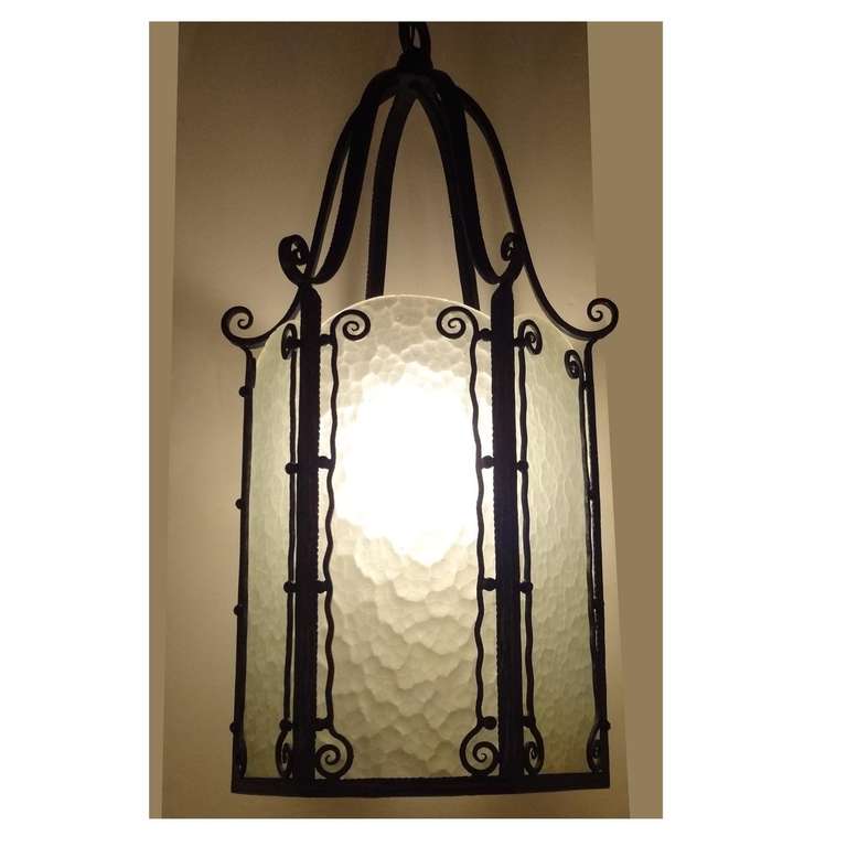 20th Century Art Deco Wrought Iron and Textured Glass Lantern in the Style of Piet Kramer For Sale