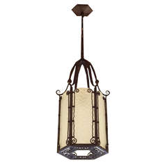 Art Deco Wrought Iron and Textured Glass Lantern in the Style of Piet Kramer