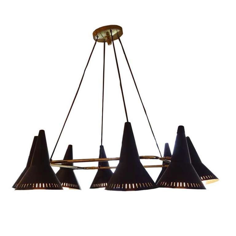 An eight-light Mid-Century chandelier, model #360, featuring a four black wire hanging system which supports a square brass frame. Attached to the frame are eight arms, each supporting an adjustable cone shaped perforated light diffusing shade in