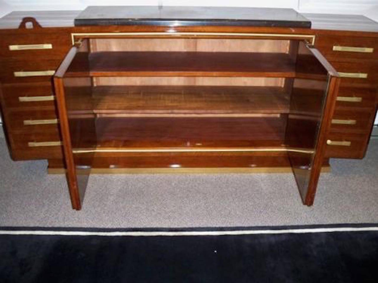 Mid-Century Modern Andre Renou and Jean-Pierre Genisset Important Sideboard in Walnut and Bronze