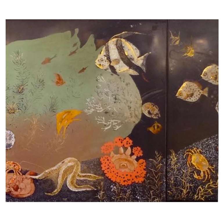 A grand scaled wall panel hand in eggshell lacquer. The panel is composed of four elements that have been framed together. In the style of Jean Dunand, France circa 1930.