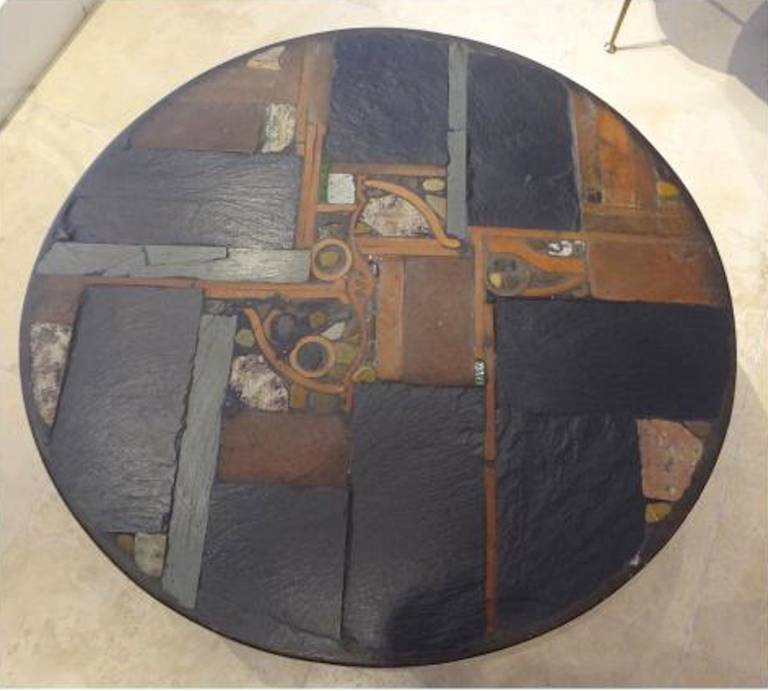 Large Round Modernist Cocktail Table in Inlaid Stone by Paul Kingma