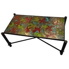 Large Cocktail Table in Blackened Steel and Hand Thrown Tile by Jacques Adnet