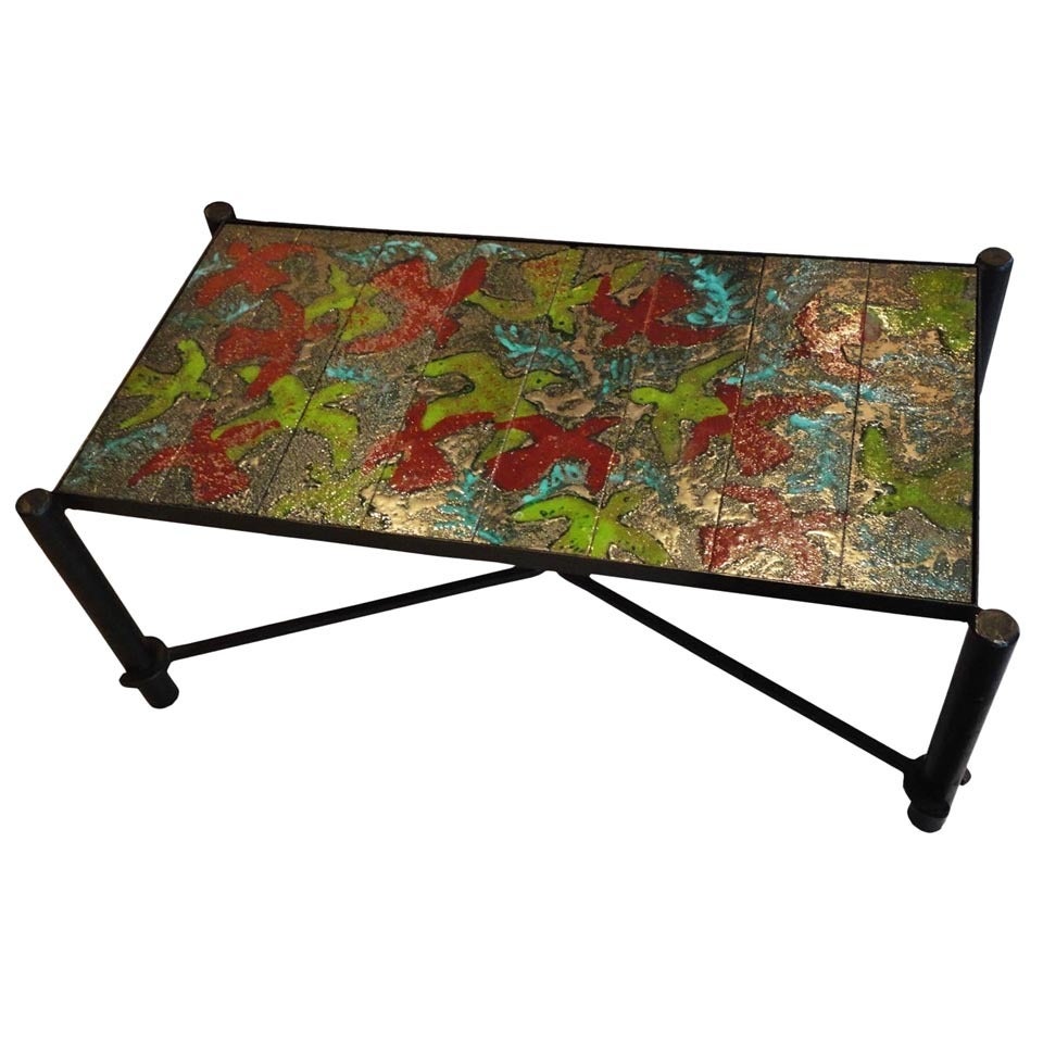 Large Cocktail Table in Blackened Steel and Hand Thrown Tile by Jacques Adnet For Sale