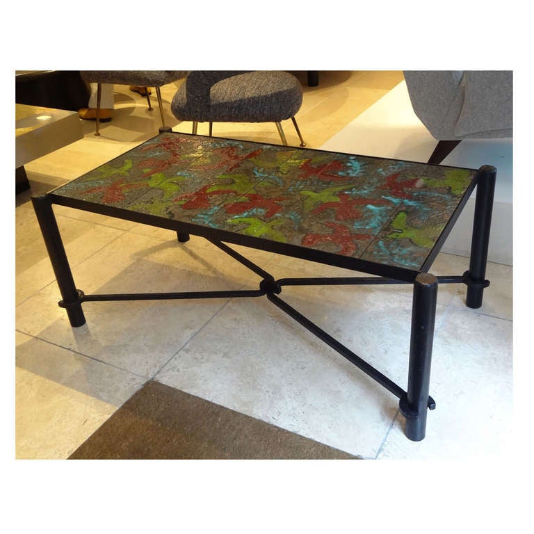Mid-Century Modern Large Cocktail Table in Blackened Steel and Hand Thrown Tile by Jacques Adnet For Sale