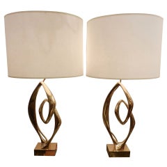 A Pair Modernist Table Lamps in Gilt Brass by Willy Daro