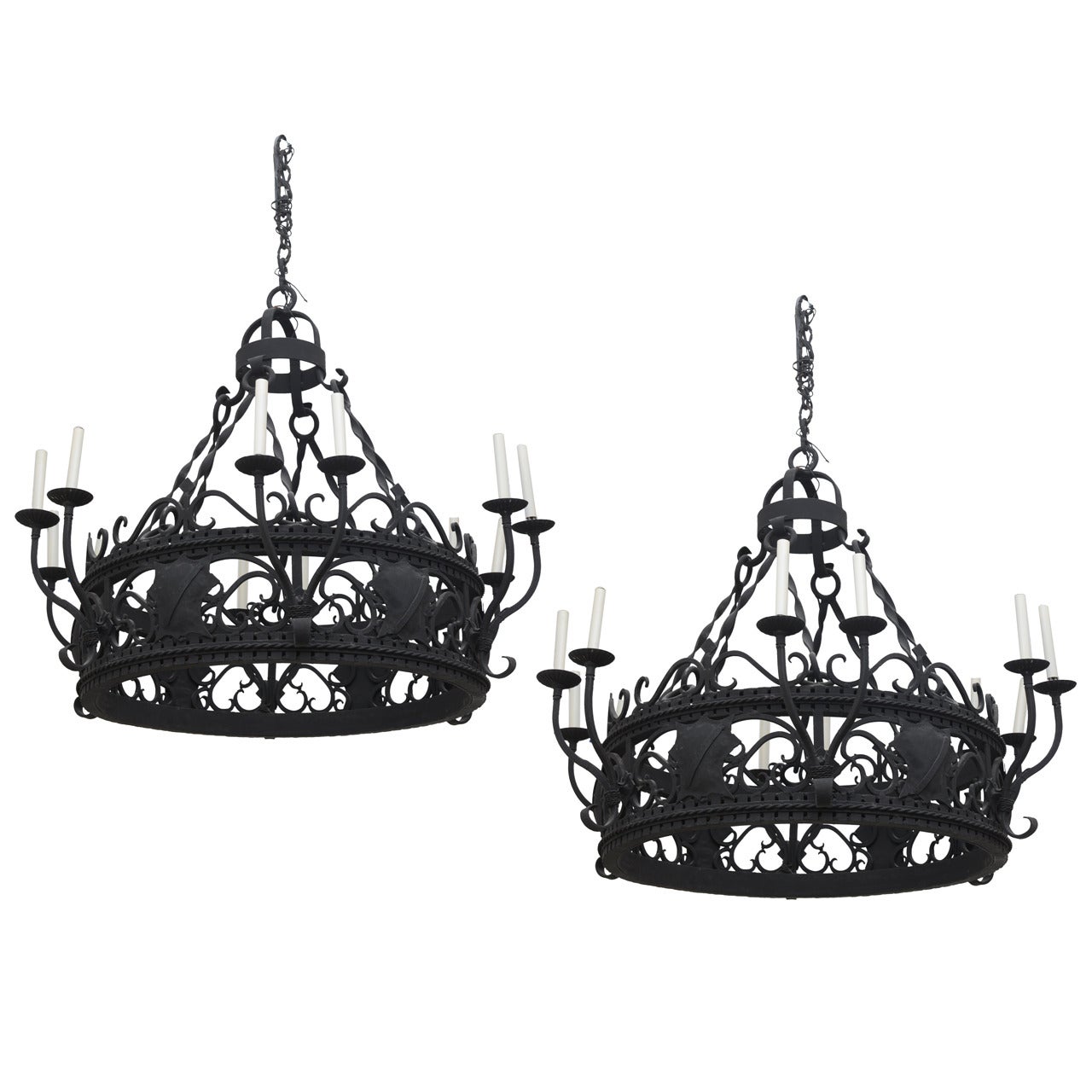 Pair of Large Iron Chandeliers For Sale