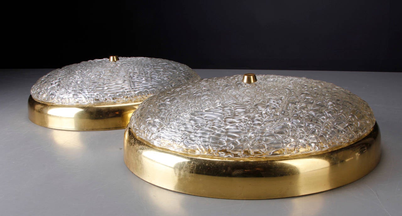 Mid-Century Modern Pair of Orrefors Textured Glass and Brass-Mounted Ceiling Light Fixtures For Sale
