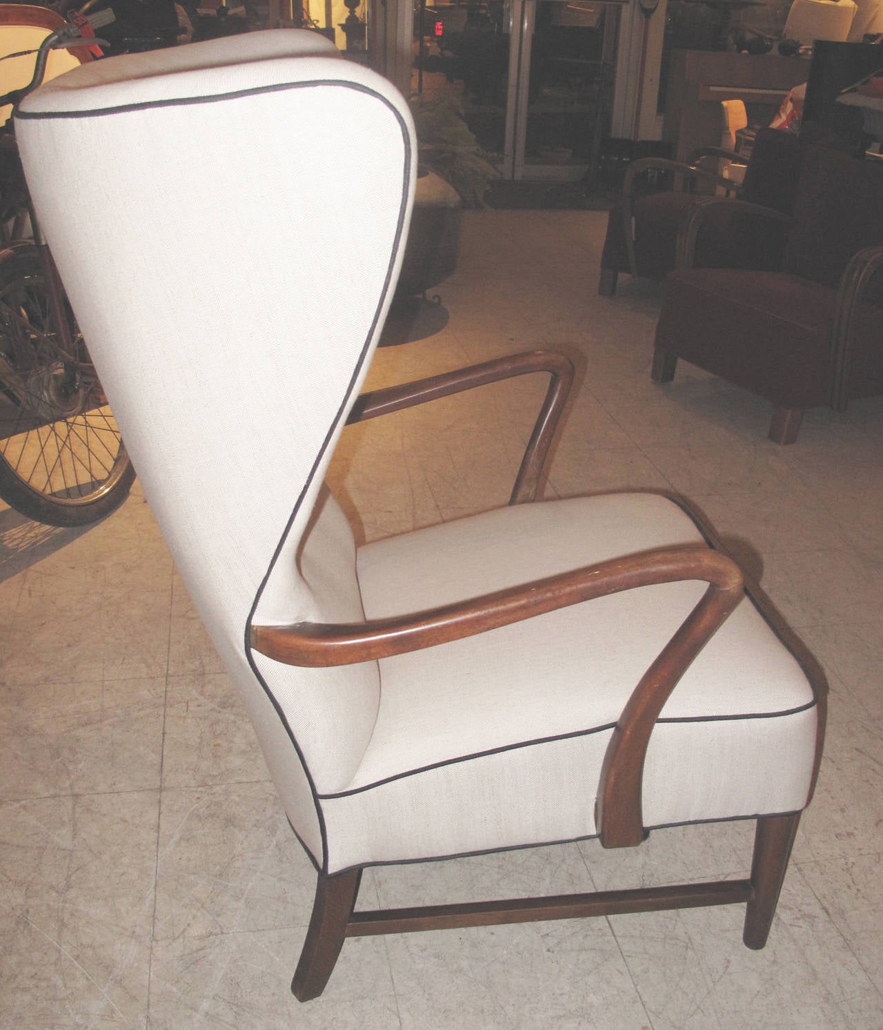 Mid-Century Modern Large-Scale Danish 1940s Wing Chair with Crook-Form Arms