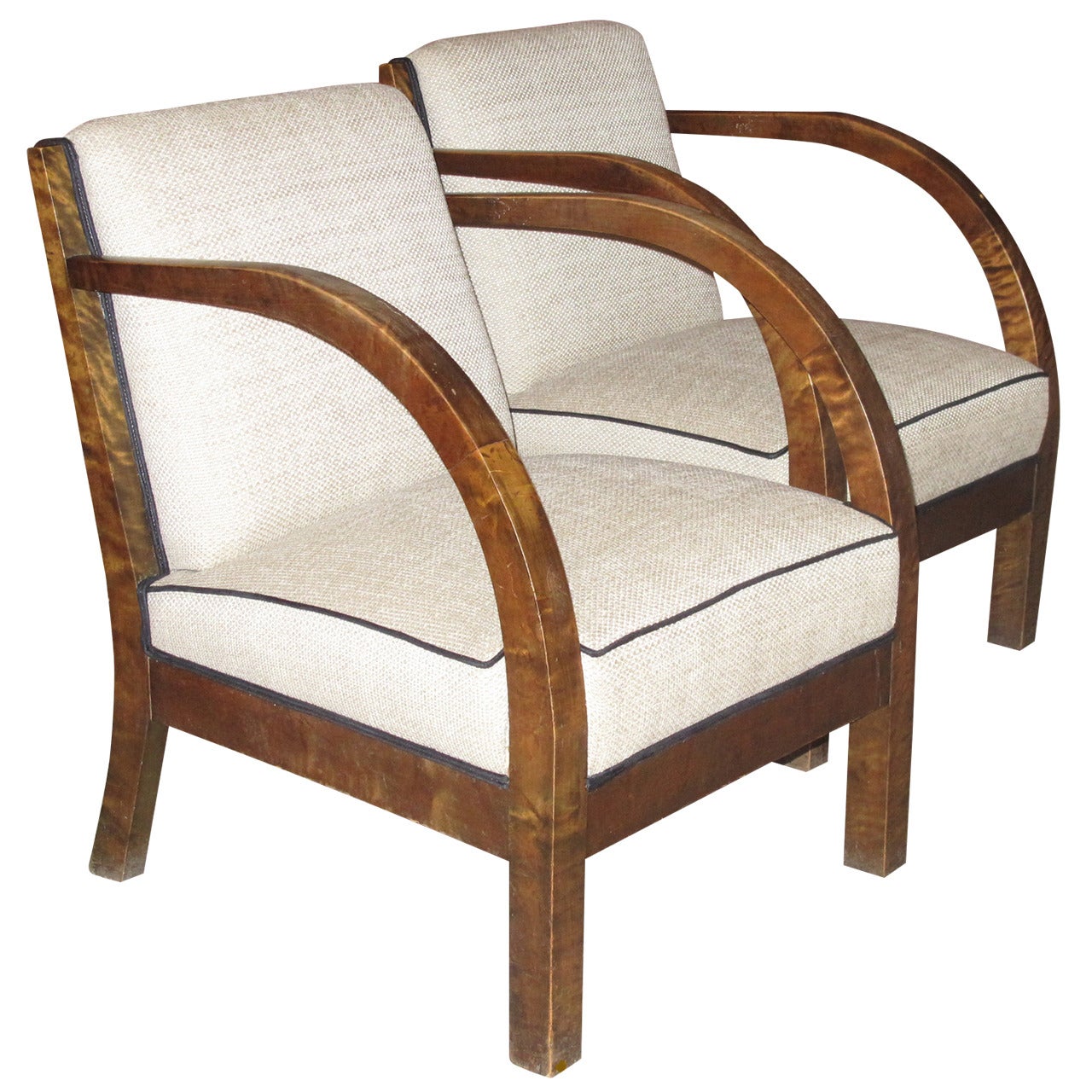 Pair of Danish 1930s Birch Wood Armchairs with Curved Arms