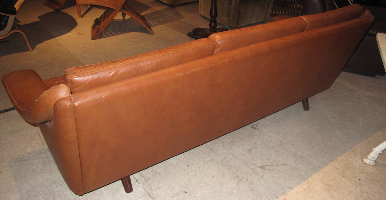 Danish Modern Leather Sofa with Stitching Detail In Good Condition In Hudson, NY