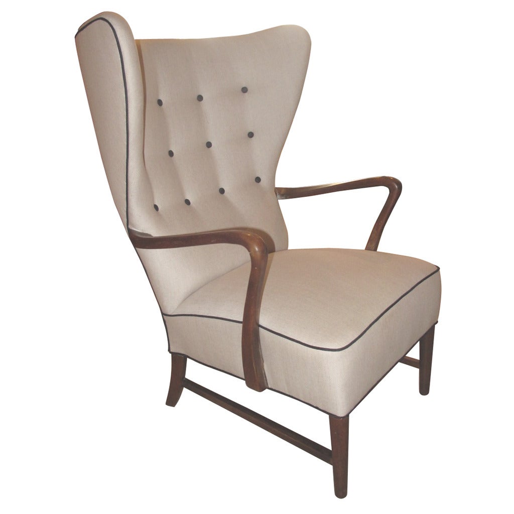 Large-Scale Danish 1940s Wing Chair with Crook-Form Arms