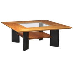 Danish Modern Cherry Wood, Ebonized Wood and Glass Coffee Table