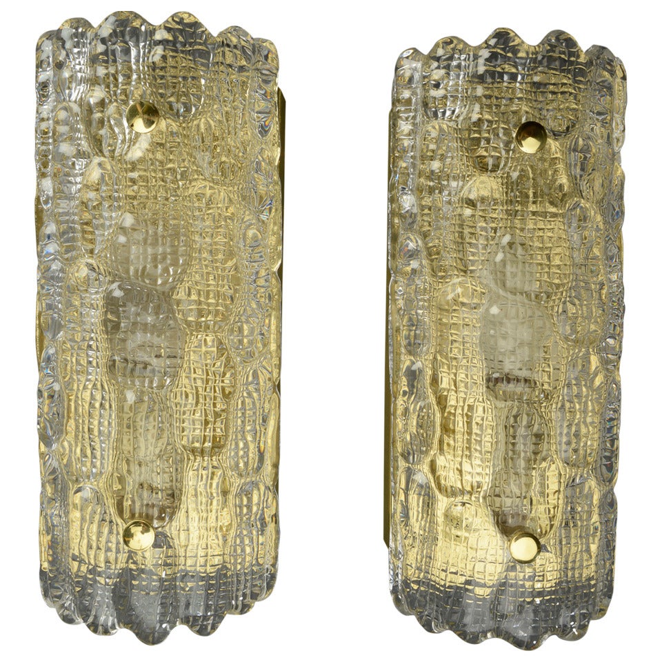 Pair of Orrefors Pressed Glass and Brass Wall Sconces For Sale