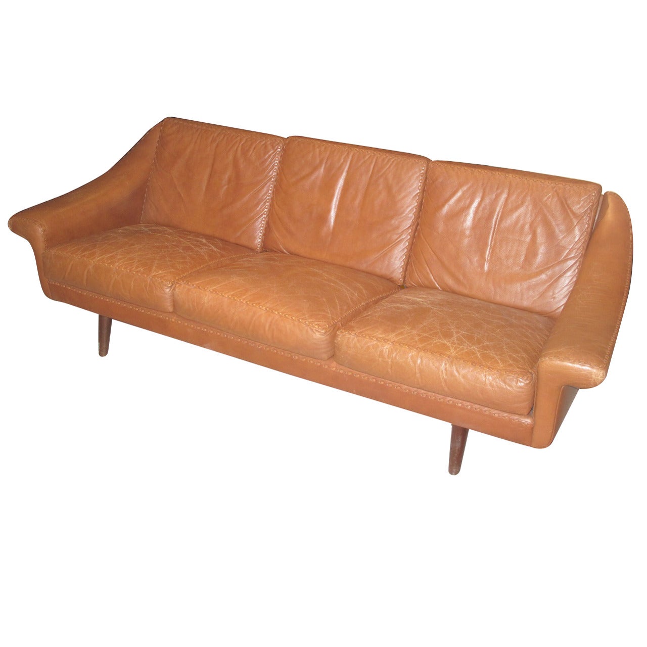 Danish Modern Leather Sofa with Stitching Detail