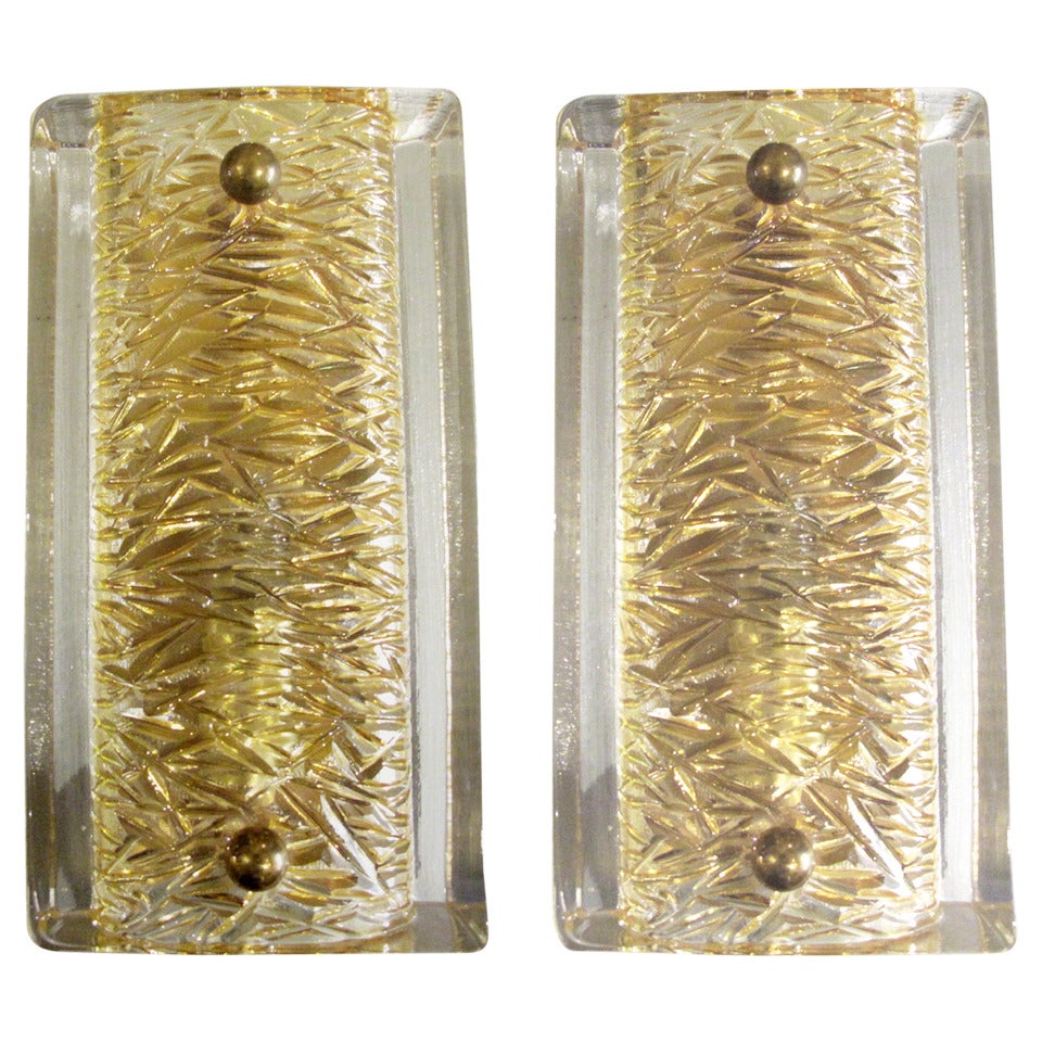 Pair of Carl Fagerlund for Orrefors Gold and Clear Wall Sconces