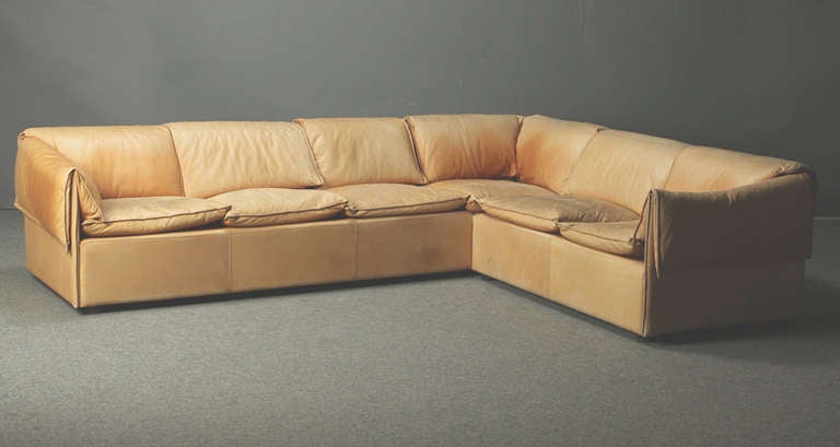 The sofa upholstered in light brown patinated leather. Consisting of three modules.  by N. Eilersen.  Long side measures 111