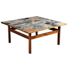 Danish Large-Scale Rosewood Coffee or Low Table with Marble Terrazzo Top