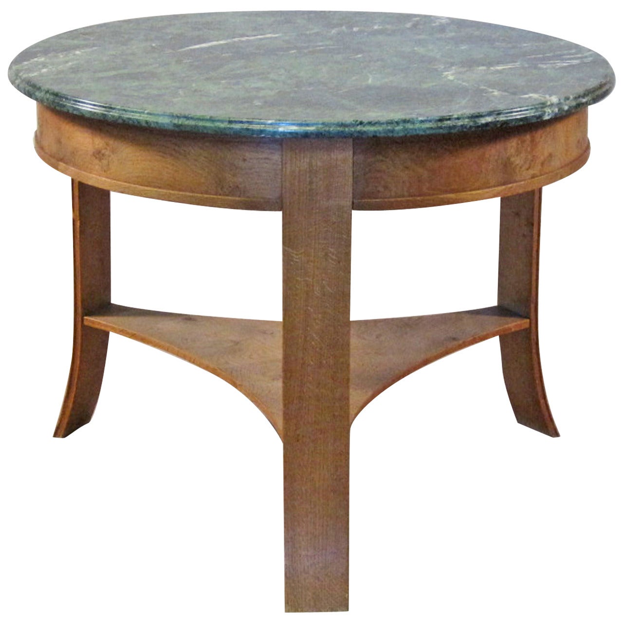 1940s-1950s Circular Oak Center Table with Green Marble Top