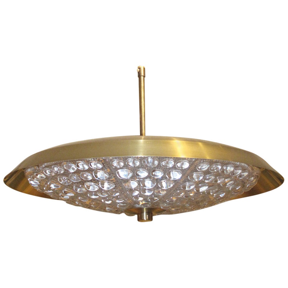 Brass and Pressed Glass Pendant Light by Orrefors For Sale