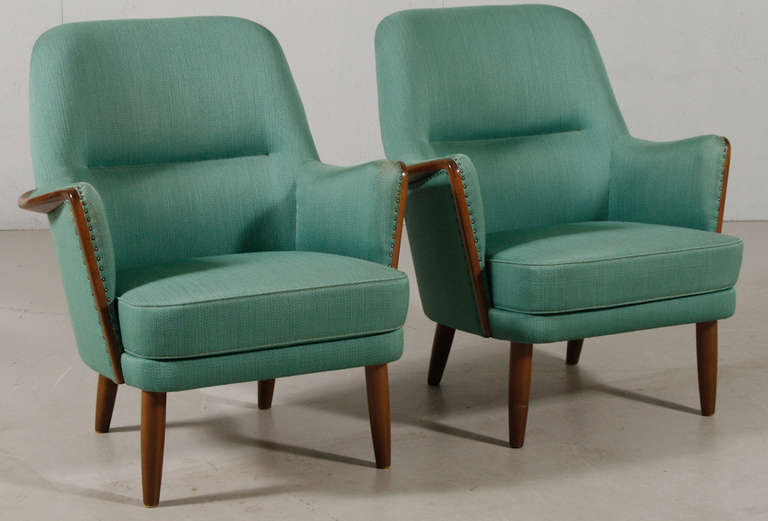 Pair of 1950s Danish Modern Armchairs of Good Form.   Mahogany Frames with Close-Nailed Wool Upholstery.