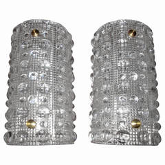 Pair of Brass-Mounted Orrefors Glass Wall Sconces with Bubble Decoration