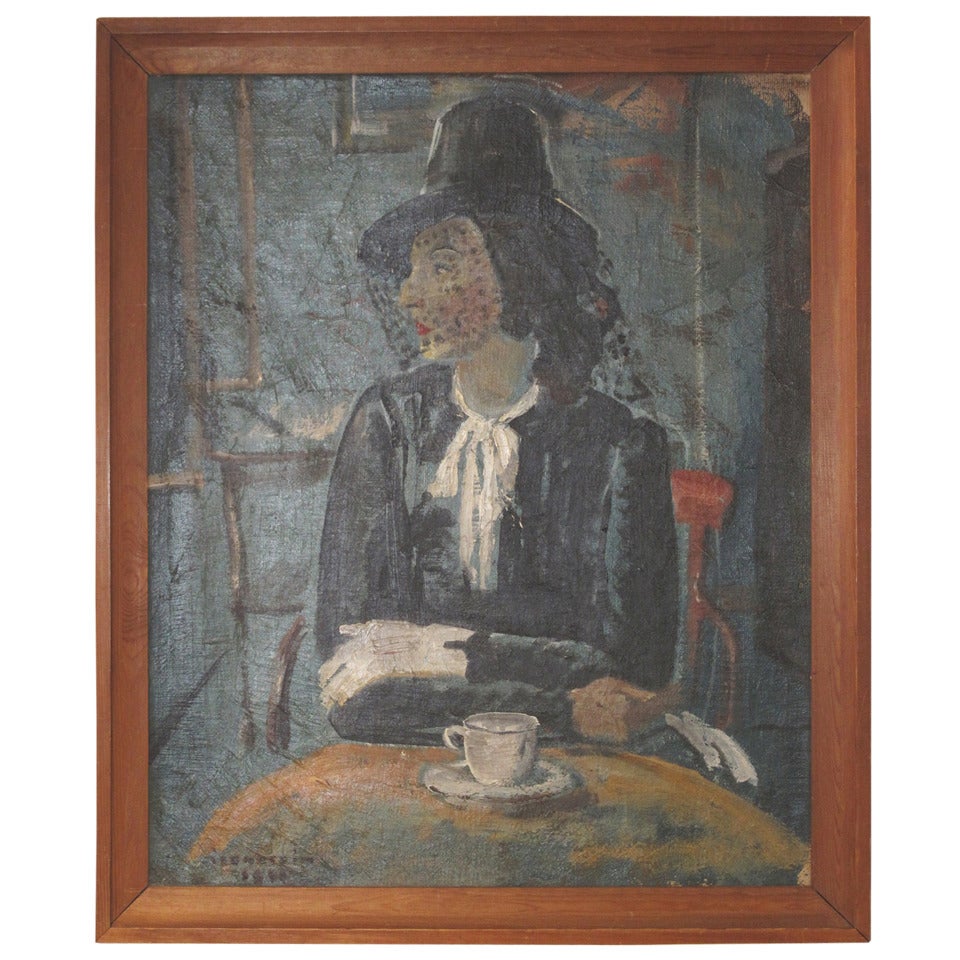1930s Painting of a Woman in a Cafe by Danish Painter Harald Isenstein